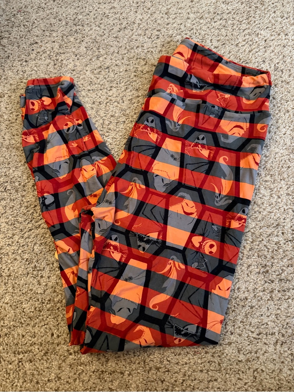 LuLaRoe Orange & Gray Nightmare before Christmas casket print leggings